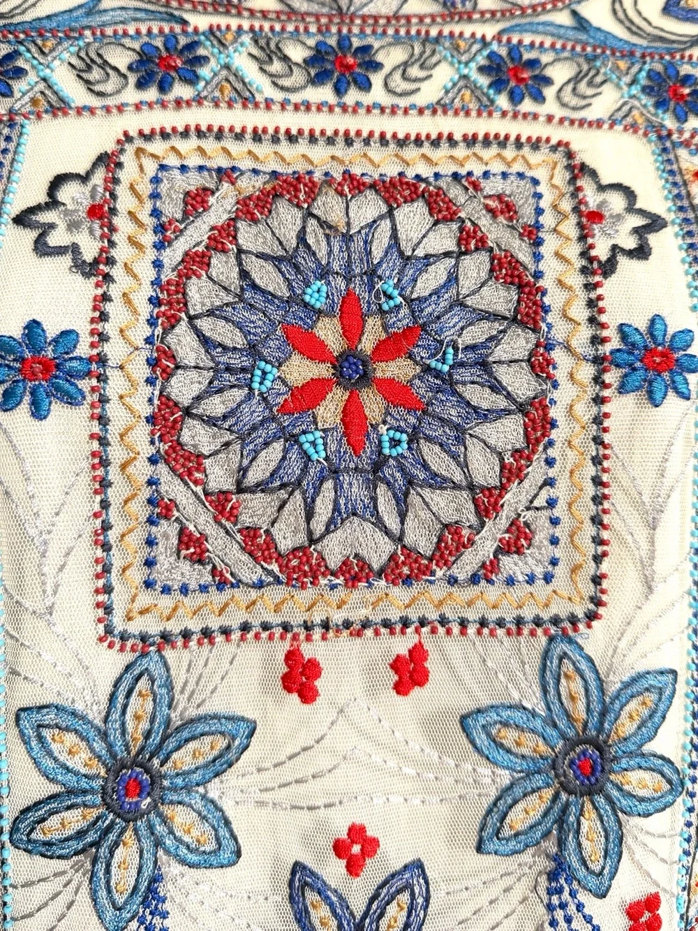 Zara Woman Premium Denim Collection Embroidered Beaded Cropped Sheer Sleeve Top